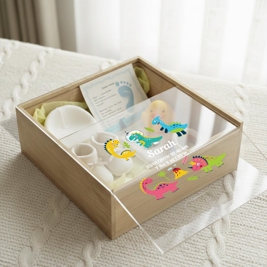 Minimalist baby memory box with clear lid print baby photo birth stats organic nursery decor newborn milestone storage gift for new mom