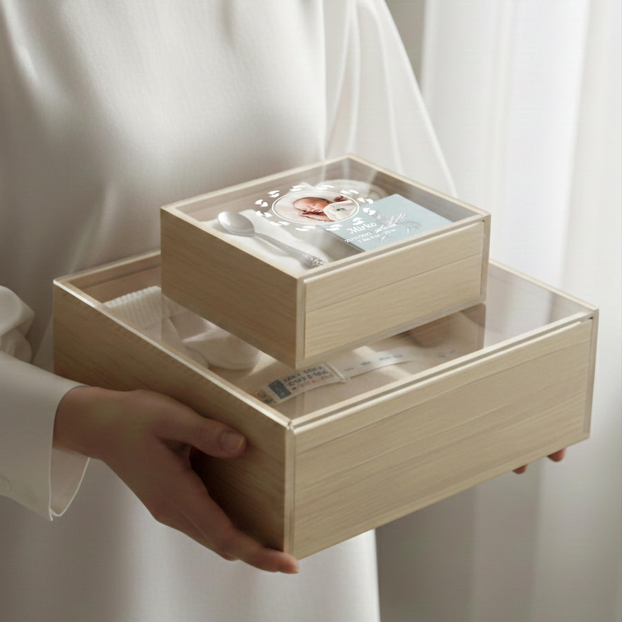 Minimalist baby memory box with clear lid print baby photo birth stats organic nursery decor newborn milestone storage gift for new mom