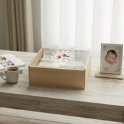 Minimalist baby memory box with clear lid print baby photo birth stats organic nursery decor newborn milestone storage gift for new mom