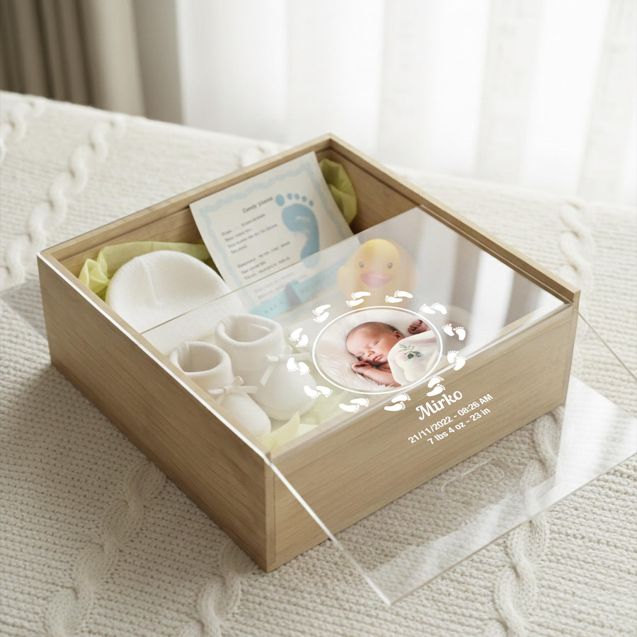 Minimalist baby memory box with clear lid print baby photo birth stats organic nursery decor newborn milestone storage gift for new mom