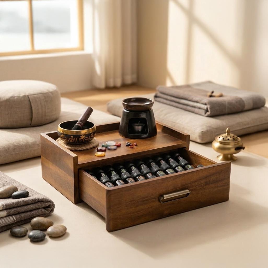 Essential Oil Storage Box Acacia Wood Organizer with Drawer Custom Engraved Diffuser Cable Slot Gift for Aromatherapy Meditation Space
