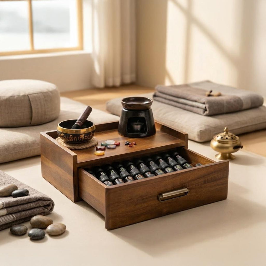 Essential Oil Storage Box Acacia Wood Organizer with Drawer Custom Engraved Diffuser Cable Slot Gift for Aromatherapy Meditation Space