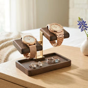 Bridesmaid proposal gifts engraved double watch holder stand with jewelry tray watch leather display stand for dresser gift for best friend