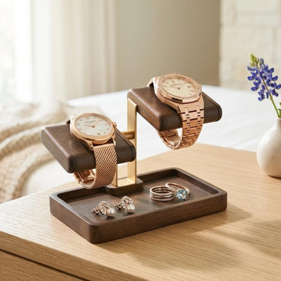 Bridesmaid proposal gifts engraved double watch holder stand with jewelry tray watch leather display stand for dresser gift for best friend