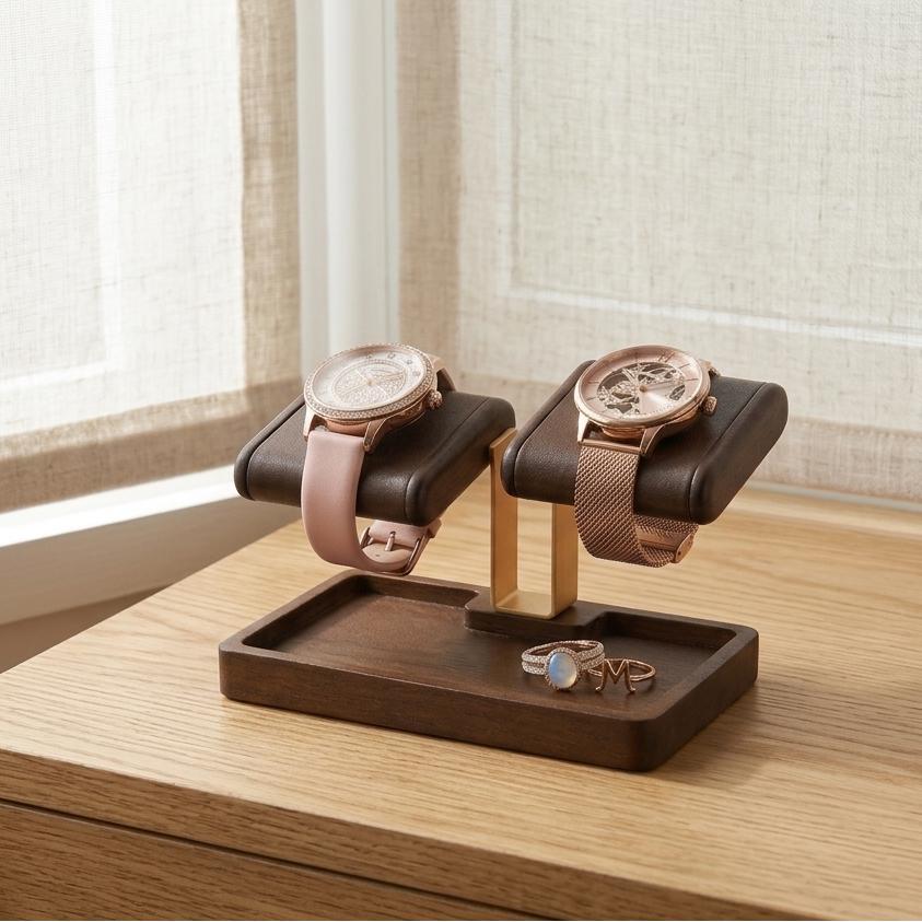 Bridesmaid proposal gifts engraved double watch holder stand with jewelry tray watch leather display stand for dresser gift for best friend