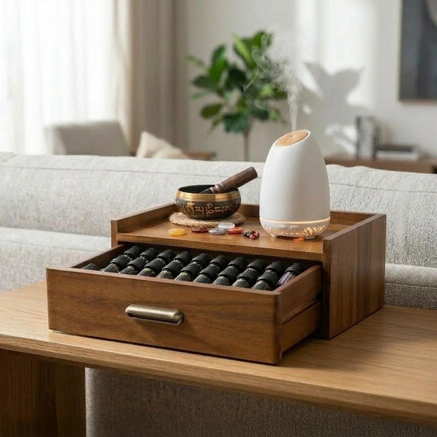 Essential Oil Storage Box Acacia Wood Organizer with Drawer Custom Engraved Diffuser Cable Slot Gift for Aromatherapy Meditation Space