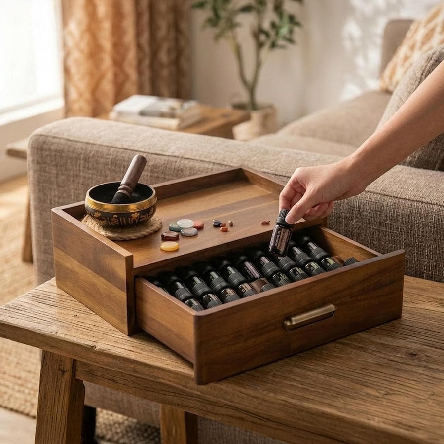 Essential Oil Storage Box Acacia Wood Organizer with Drawer Custom Engraved Diffuser Cable Slot Gift for Aromatherapy Meditation Space