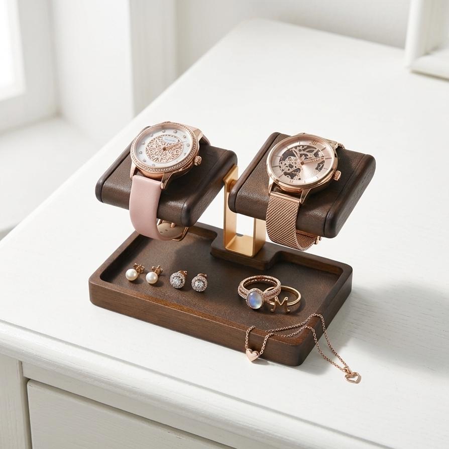 Bridesmaid proposal gifts engraved double watch holder stand with jewelry tray watch leather display stand for dresser gift for best friend
