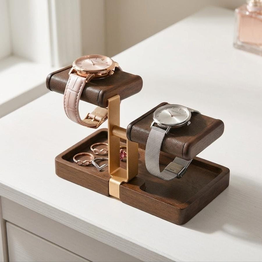 Bridesmaid proposal gifts engraved double watch holder stand with jewelry tray watch leather display stand for dresser gift for best friend