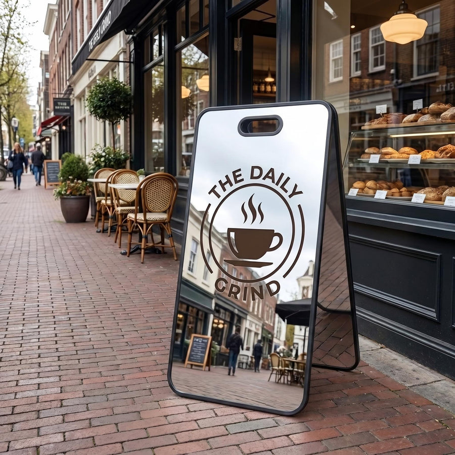 Silver mirror business sign foldable storefront sidewalk display freestanding shop entrance advertising board photo attracting pavement sign