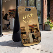 Silver mirror business sign foldable storefront sidewalk display freestanding shop entrance advertising board photo attracting pavement sign