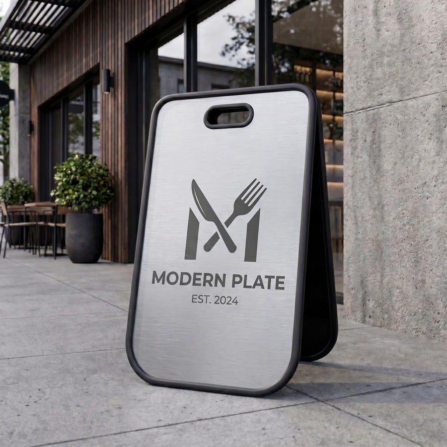 Silver mirror business sign foldable storefront sidewalk display freestanding shop entrance advertising board photo attracting pavement sign