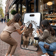 Silver mirror business sign foldable storefront sidewalk display freestanding shop entrance advertising board photo attracting pavement sign
