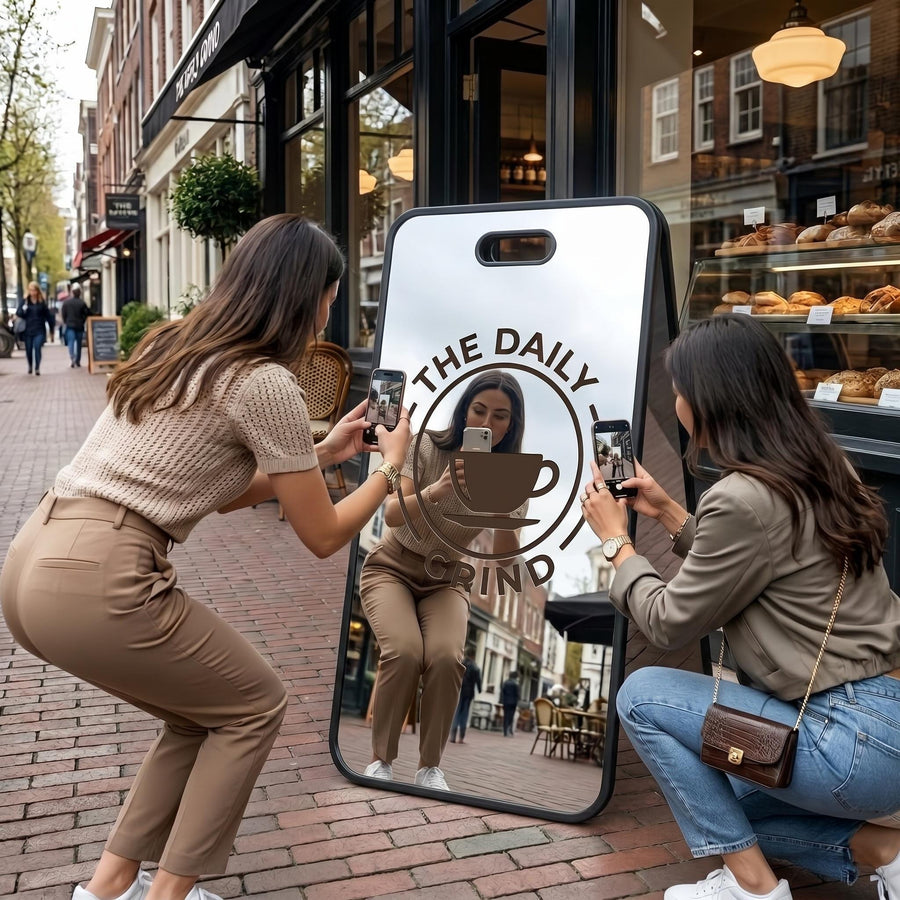 Silver mirror business sign foldable storefront sidewalk display freestanding shop entrance advertising board photo attracting pavement sign