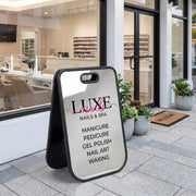 Silver mirror business sign foldable storefront sidewalk display freestanding shop entrance advertising board photo attracting pavement sign