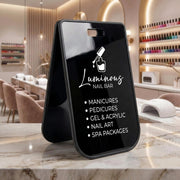 Silver mirror business sign foldable storefront sidewalk display freestanding shop entrance advertising board photo attracting pavement sign