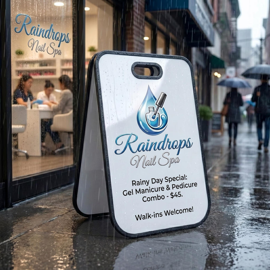 Silver mirror business sign foldable storefront sidewalk display freestanding shop entrance advertising board photo attracting pavement sign