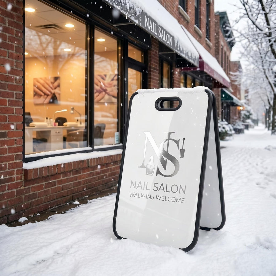 Silver mirror business sign foldable storefront sidewalk display freestanding shop entrance advertising board photo attracting pavement sign