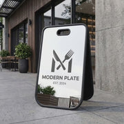 Silver mirror business sign foldable storefront sidewalk display freestanding shop entrance advertising board photo attracting pavement sign
