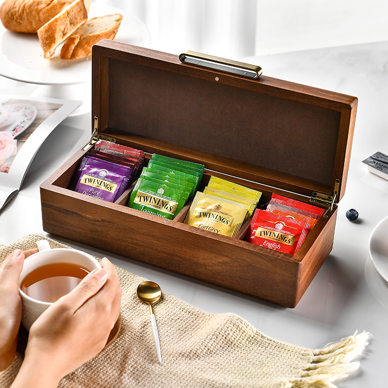 Acacia Wood Tea Box Organizer 4 Removable Slots