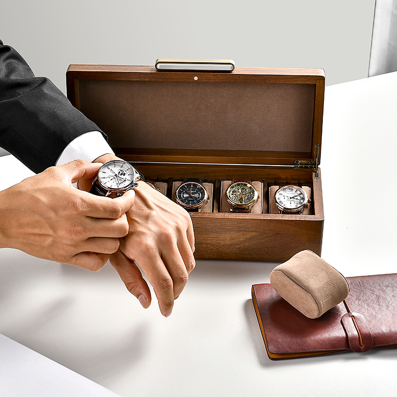 Premium Walnut Finish Watch Box Organizer with 5 Slots Watches