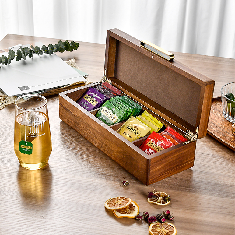 Acacia Wood Tea Box Organizer 4 Removable Slots